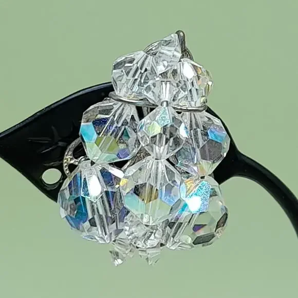 Vintage Aurora Borealis Bead Clip Earrings, 1 1/8 Inch, 1950s - Picture 5 of 10